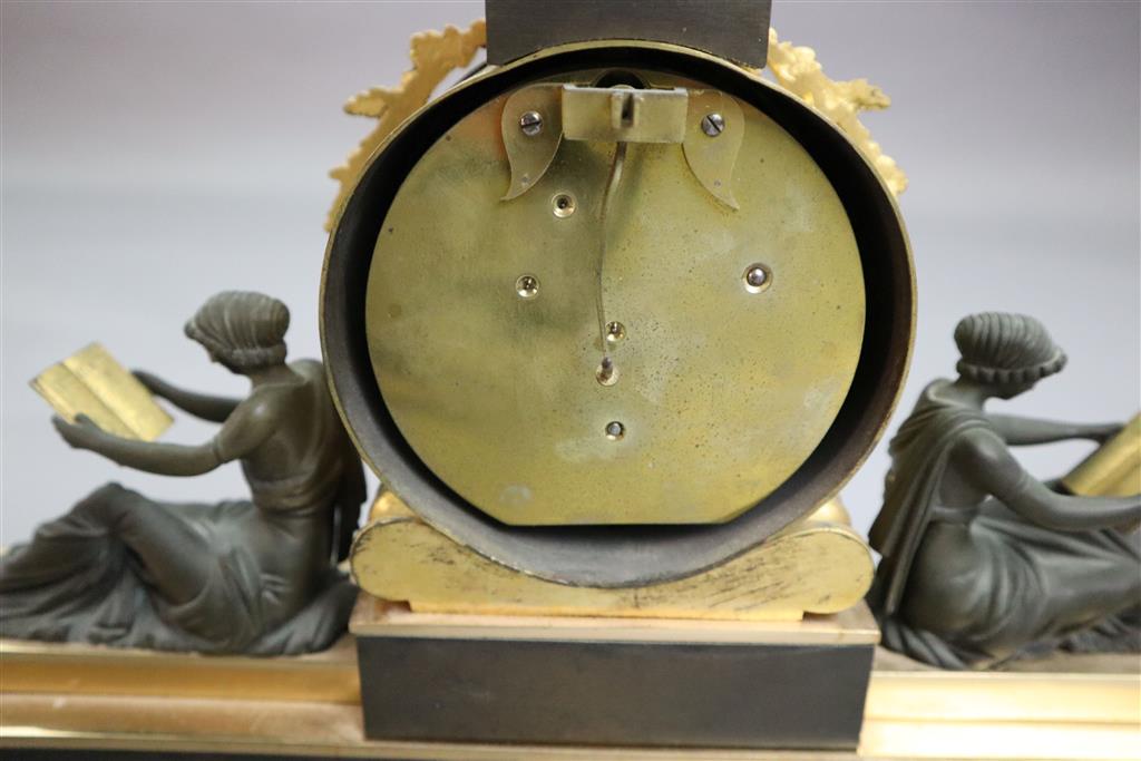 Thos. Hawley, 75 Strand, London. A Regency bronze and ormolu mantel timepiece, width 14.5in. depth 3in. height 12in.